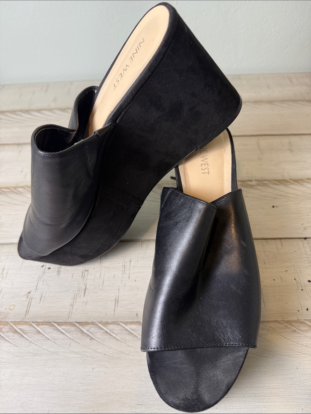 Nine West Black Leather Platform Mule Slides
